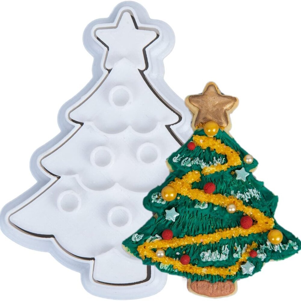 Christmas Cookie Cutters Xmas Tree Shapes with Plunger Stamps Holiday PLA Baking
